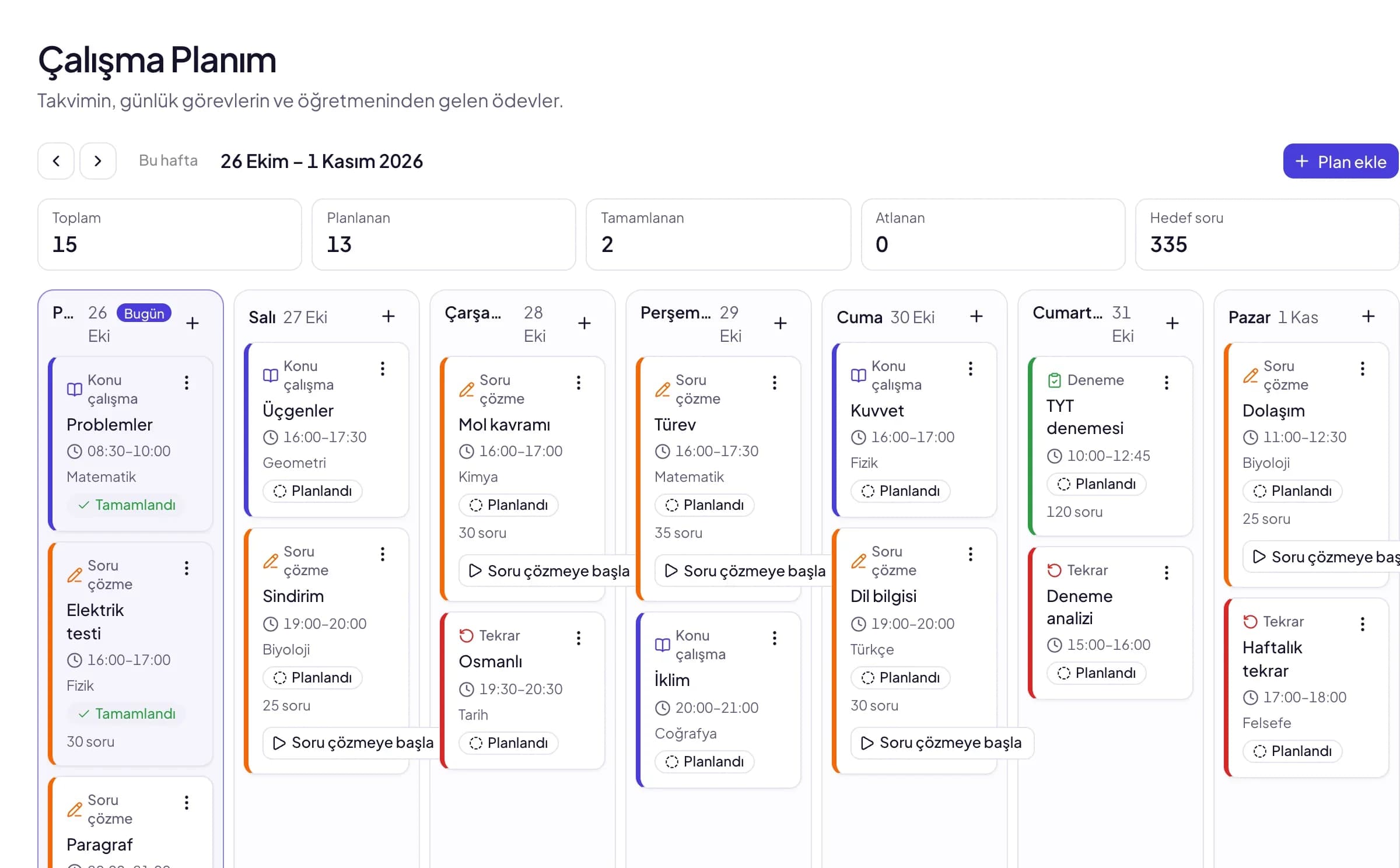 The KOCHUM weekly study plan: topic study, practice, mock exam and revision tasks on a seven-day calendar