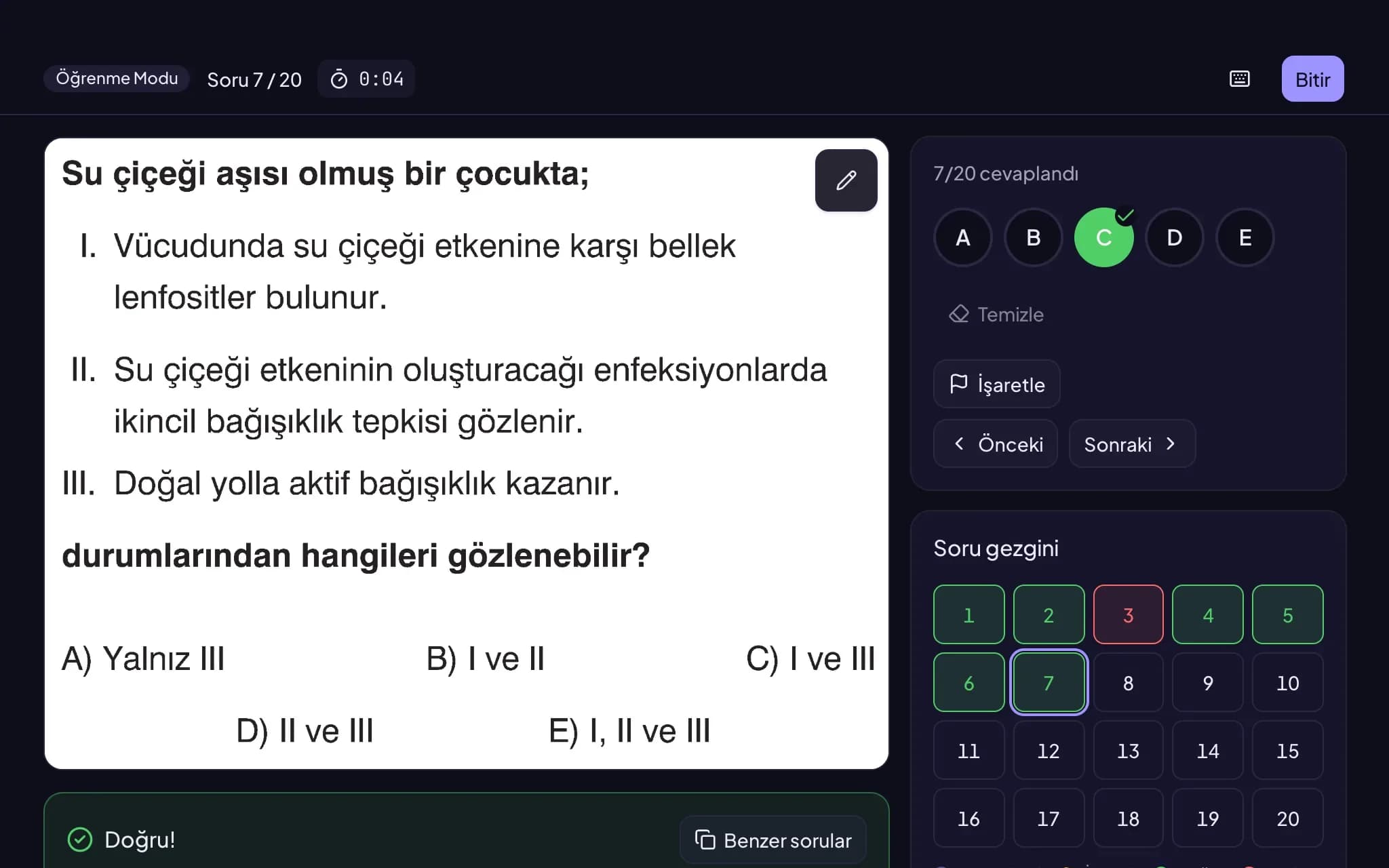 The KOCHUM solver: a biology question, the correct-answer notice, the optic form and the question navigator